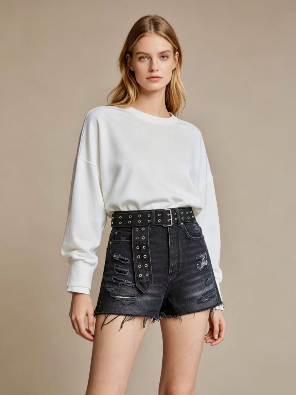 The Koople Sequin Ripped Black Denim Shorts High Waist With Belt Size 30